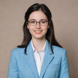 A plainly dressed, shy, and awkward young woman. She has long, wavy black hair tied back, reaching mid-length, featuring front bangs. Her pale skin and light brown eyes are accented by her slender, average height figure and thin-framed glasses. She's wearing a light blue university blazer uniform.