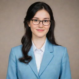 A plainly dressed, shy, and awkward young woman. She has long, wavy black hair tied back, reaching mid-length, featuring front bangs. Her pale skin and light brown eyes are accented by her slender, average height figure and thin-framed glasses. She's wearing a light blue university blazer uniform.