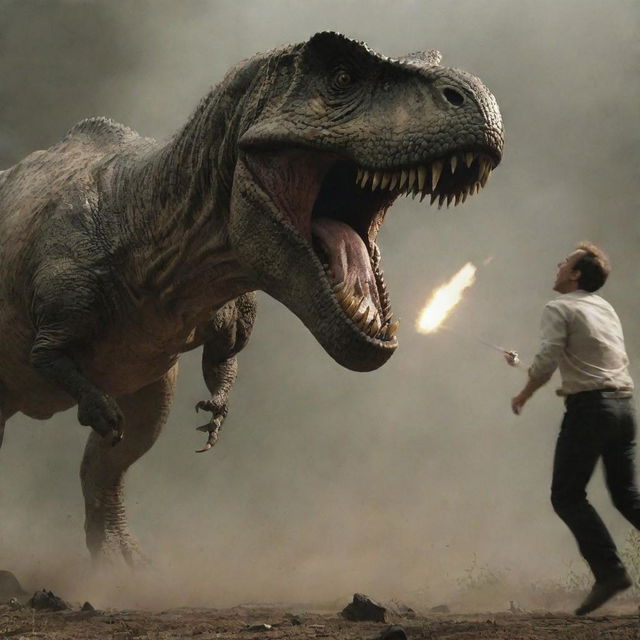 The scene rapidly shifts to horror as the mighty Tyrannosaurus Rex attacks the new arrival. In an awe-inducing display of apex predatory prowess, the giant dinosaur devours the hapless hunter.