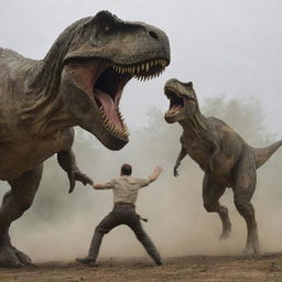 The scene rapidly shifts to horror as the mighty Tyrannosaurus Rex attacks the new arrival. In an awe-inducing display of apex predatory prowess, the giant dinosaur devours the hapless hunter.