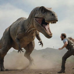 The scene rapidly shifts to horror as the mighty Tyrannosaurus Rex attacks the new arrival. In an awe-inducing display of apex predatory prowess, the giant dinosaur devours the hapless hunter.