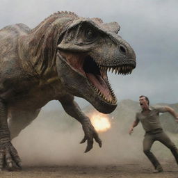 The scene rapidly shifts to horror as the mighty Tyrannosaurus Rex attacks the new arrival. In an awe-inducing display of apex predatory prowess, the giant dinosaur devours the hapless hunter.