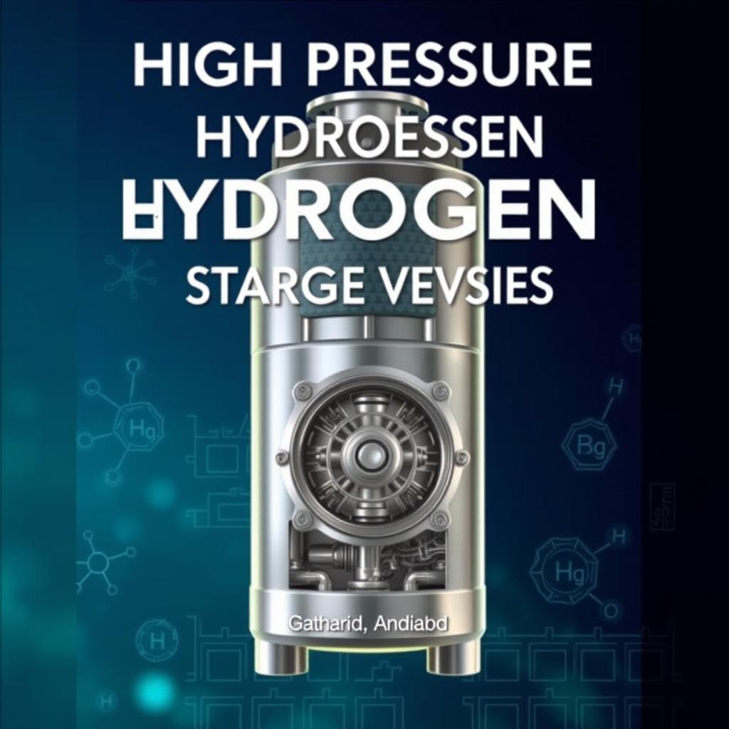 A detailed and creative front cover design for an academic book focusing on high pressure hydrogen storage vessels