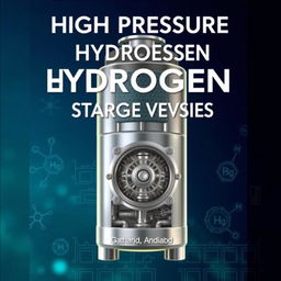 A detailed and creative front cover design for an academic book focusing on high pressure hydrogen storage vessels