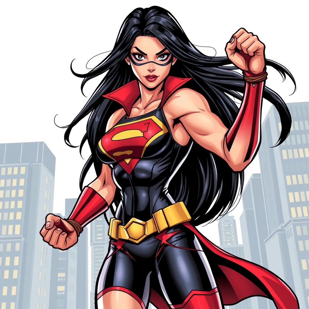 A highly stylized and artistic illustration of a strong, confident woman inspired by superhero themes