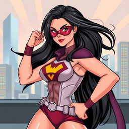 A highly stylized and artistic illustration of a strong, confident woman inspired by superhero themes