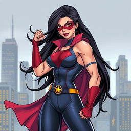 A highly stylized and artistic illustration of a strong, confident woman inspired by superhero themes