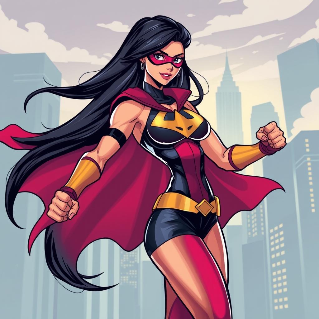 A highly stylized and artistic illustration of a strong, confident woman inspired by superhero themes