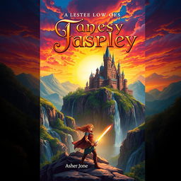 A beautiful and captivating book cover design, featuring a vibrant fantasy landscape with a majestic castle perched on a cliff, surrounded by lush greenery and flowing waterfalls