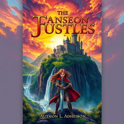 A beautiful and captivating book cover design, featuring a vibrant fantasy landscape with a majestic castle perched on a cliff, surrounded by lush greenery and flowing waterfalls