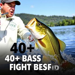 A fisherman is depicted in the heat of action, gripping a fishing rod tightly as he struggles to reel in a large bass