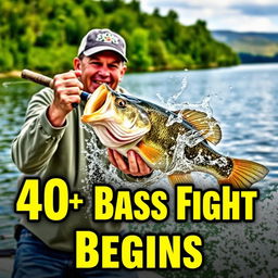 A fisherman is depicted in the heat of action, gripping a fishing rod tightly as he struggles to reel in a large bass