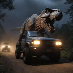 As night falls, a vehicle carrying terrified visitors tries to outpace the relentless pursuit of the Tyrannosaurus Rex. They speed through the darkness, the dinosaur's roar echoing in the night, their headlights illuminating its terrifying hunt.