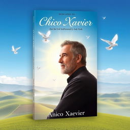 A book cover design dedicated to Chico Xavier, featuring a serene and contemplative portrait of him in soft hues