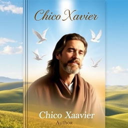 A book cover design dedicated to Chico Xavier, featuring a serene and contemplative portrait of him in soft hues