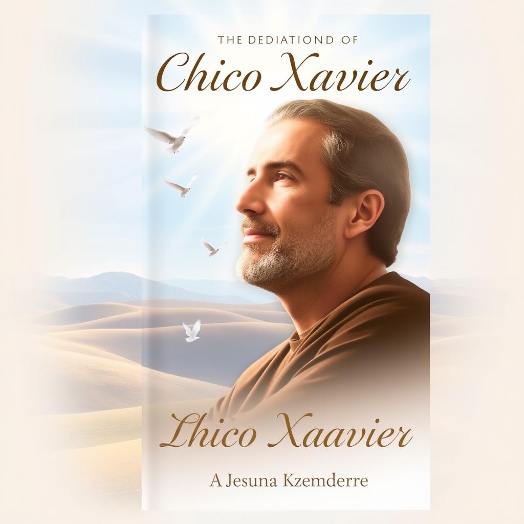 A book cover design dedicated to Chico Xavier, featuring a serene and contemplative portrait of him in soft hues