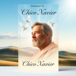 A book cover design dedicated to Chico Xavier, featuring a serene and contemplative portrait of him in soft hues