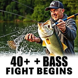 A fisherman is portrayed in the midst of an exhilarating moment, gripping a fishing rod tightly as he battles to reel in a massive bass