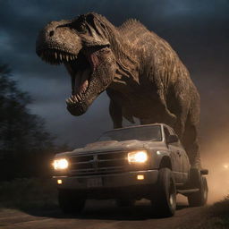 As night falls, a vehicle carrying terrified visitors tries to outpace the relentless pursuit of the Tyrannosaurus Rex. They speed through the darkness, the dinosaur's roar echoing in the night, their headlights illuminating its terrifying hunt.