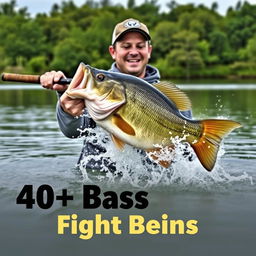 A fisherman is portrayed in the midst of an exhilarating moment, gripping a fishing rod tightly as he battles to reel in a massive bass