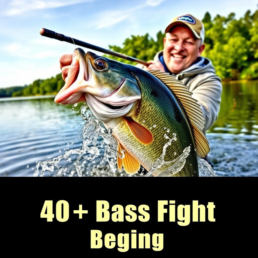 A fisherman is portrayed in the midst of an exhilarating moment, gripping a fishing rod tightly as he battles to reel in a massive bass