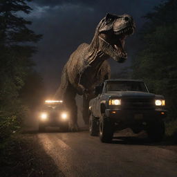 As night falls, a vehicle carrying terrified visitors tries to outpace the relentless pursuit of the Tyrannosaurus Rex. They speed through the darkness, the dinosaur's roar echoing in the night, their headlights illuminating its terrifying hunt.