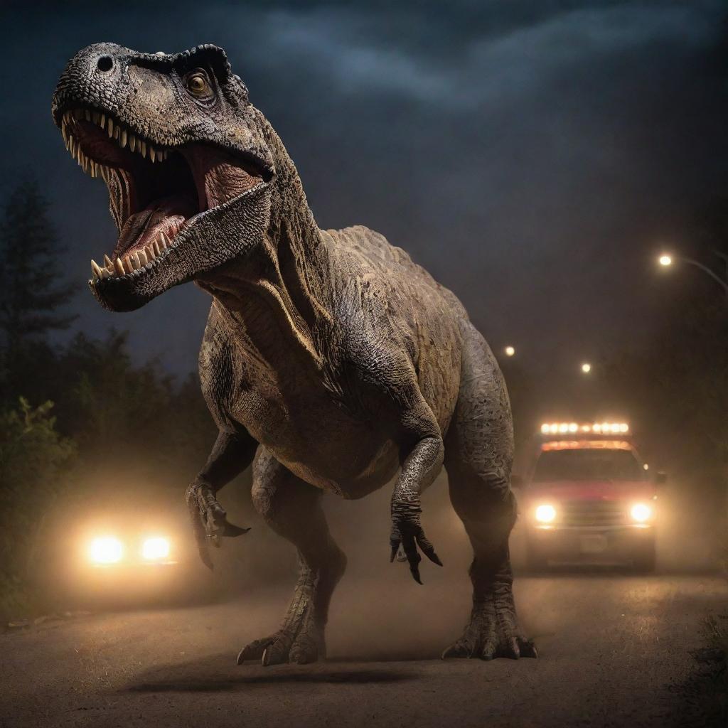 As night falls, a vehicle carrying terrified visitors tries to outpace the relentless pursuit of the Tyrannosaurus Rex. They speed through the darkness, the dinosaur's roar echoing in the night, their headlights illuminating its terrifying hunt.