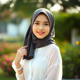 An Indonesian girl wearing a stylish hijab, paired with a fashionable white see-through shirt that elegantly drapes over her figure