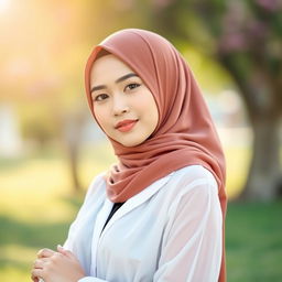 An Indonesian girl wearing a stylish hijab, paired with a fashionable white see-through shirt that elegantly drapes over her figure