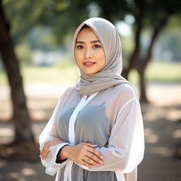 An Indonesian girl wearing a stylish hijab, paired with a fashionable white see-through shirt that elegantly drapes over her figure