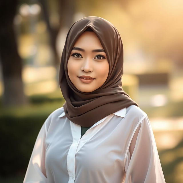 An Indonesian girl wearing a stylish hijab, paired with a fashionable white see-through shirt that elegantly drapes over her figure