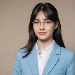 A shy and awkward young woman with long, wavy black hair styled in a low ponytail, middle-length, and front bangs that cover her forehead. She has pale skin, light brown eyes, wears thin-framed glasses, has a slender physique, and is of average height. She's dressed in a plain-looking light blue university blazer uniform.