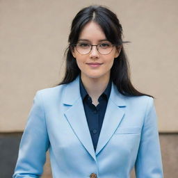 A shy and awkward young woman with long, wavy black hair styled in a low ponytail, middle-length, and front bangs that cover her forehead. She has pale skin, light brown eyes, wears thin-framed glasses, has a slender physique, and is of average height. She's dressed in a plain-looking light blue university blazer uniform.