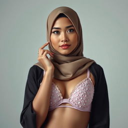 An Indonesian girl gracefully wearing a hijab and a stylish bra, embodying beauty and elegance