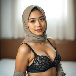 An Indonesian girl gracefully wearing a hijab and a stylish bra, embodying beauty and elegance