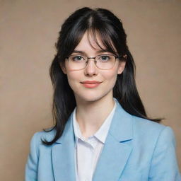 A shy and awkward young woman with long, wavy black hair styled in a low ponytail, middle-length, and front bangs that cover her forehead. She has pale skin, light brown eyes, wears thin-framed glasses, has a slender physique, and is of average height. She's dressed in a plain-looking light blue university blazer uniform.