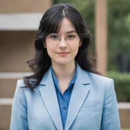 A shy and awkward young woman with long, wavy black hair styled in a low ponytail, middle-length, and front bangs that cover her forehead. She has pale skin, light brown eyes, wears thin-framed glasses, has a slender physique, and is of average height. She's dressed in a plain-looking light blue university blazer uniform.