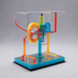 An imaginative reinterpretation of a student's science project featuring an abstract and vibrant acrylic design that includes a innovative, whimsical mechanism for testing magnetism.