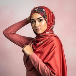 A beautiful woman wearing a hijab in a artistic and elegant stance, showcasing a confident and empowering pose