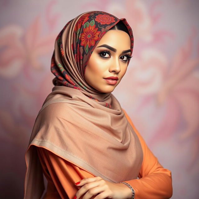 A beautiful woman wearing a hijab in a artistic and elegant stance, showcasing a confident and empowering pose