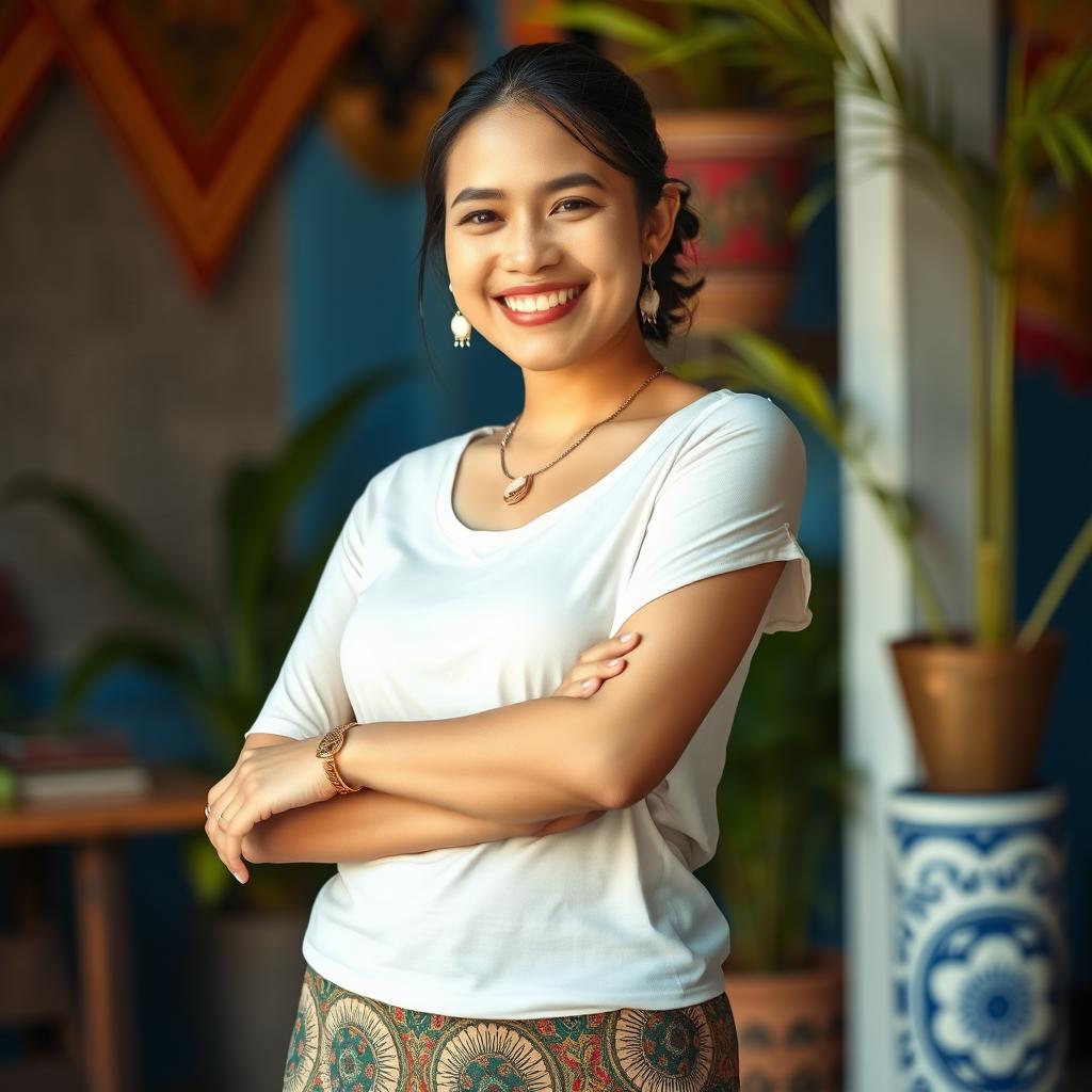 An Indonesian woman with beautiful white skin and a charming smile, standing gracefully with a confident pose