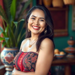 An Indonesian woman with beautiful white skin and a charming smile, standing gracefully with a confident pose