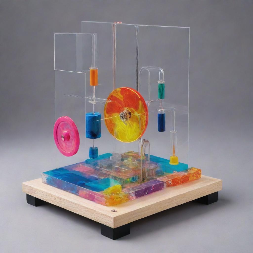 An imaginative reinterpretation of a student's science project featuring an abstract and vibrant acrylic design that includes a innovative, whimsical mechanism for testing magnetism.