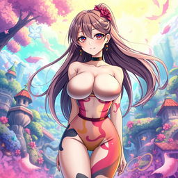 A stunning and visually striking anime-style illustration of a woman with large breasts