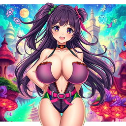 A stunning and visually striking anime-style illustration of a woman with large breasts