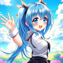 A vibrant and detailed digital art piece of a blue-haired anime girl, showcasing an expressive and dynamic pose