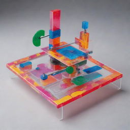 An imaginative reinterpretation of a student's science project featuring an abstract and vibrant acrylic design that includes a innovative, whimsical mechanism for testing magnetism.