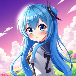 A vibrant and detailed digital art piece of a blue-haired anime girl, showcasing an expressive and dynamic pose