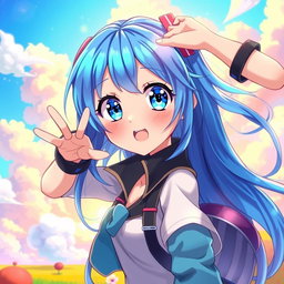 A vibrant and detailed digital art piece of a blue-haired anime girl, showcasing an expressive and dynamic pose