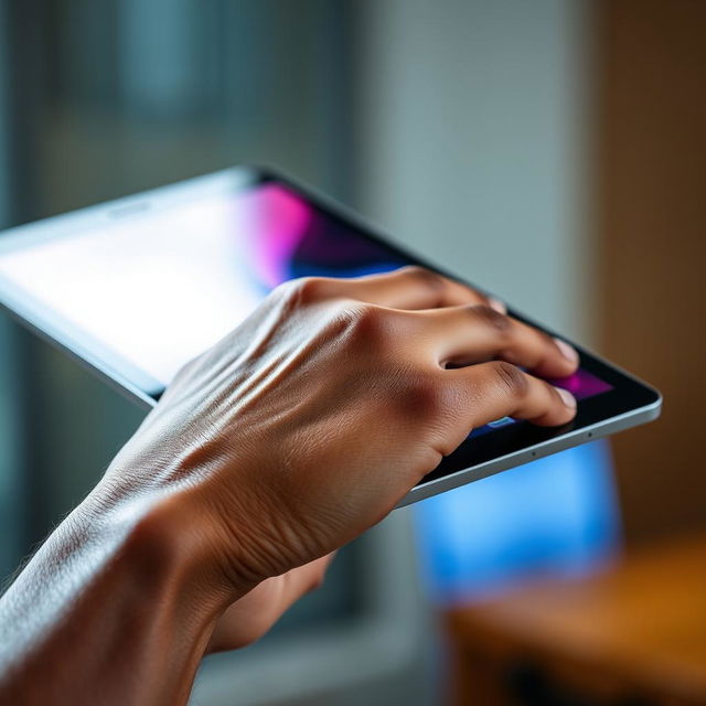 A close-up view of a man's hand holding a sleek, modern tablet